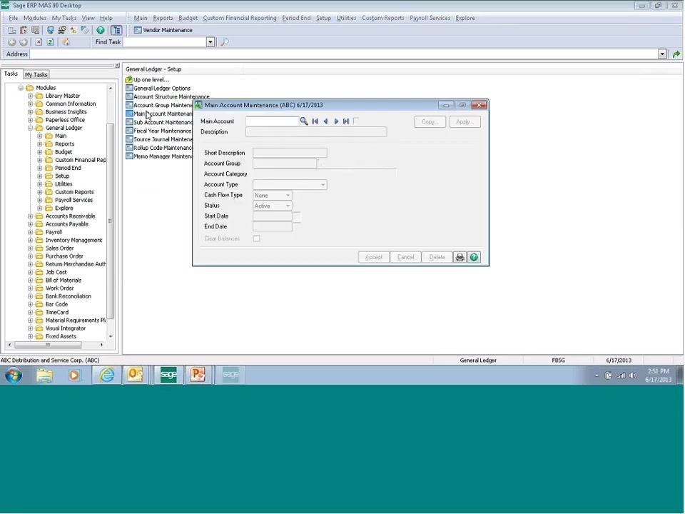 Sage ERP MAS 90 Desktop with the General Ledger and Setup folders expanded, showing the available setup options