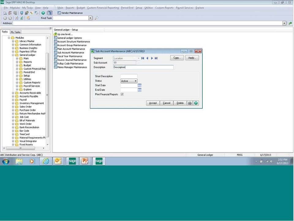 Sub Account Maintenance window with Segment "Location", Sub Account "99", Description "Description", Status "Active", blank Start Date and End Date, and Print Financial Reports unchecked