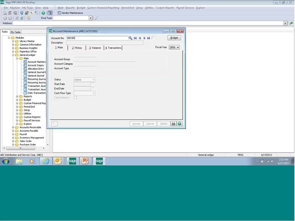 Account Maintenance window with Account No. "999-99-99" entered, Description field blank, and other fields inactive