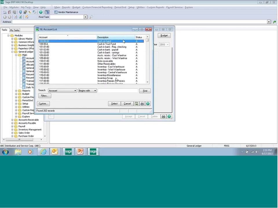 Account Maintenance window with Account No. "999-99-99", Description "Desc Desc Desc", Account Group 990, Account Category "Income Tax", Account Type "Income Tax", Status "Active", and Cash Flow Type "None"