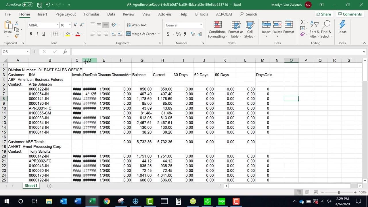 Export dialog in the Sage 100 report preview window with Microsoft Excel (97-2003) Data-Only selected