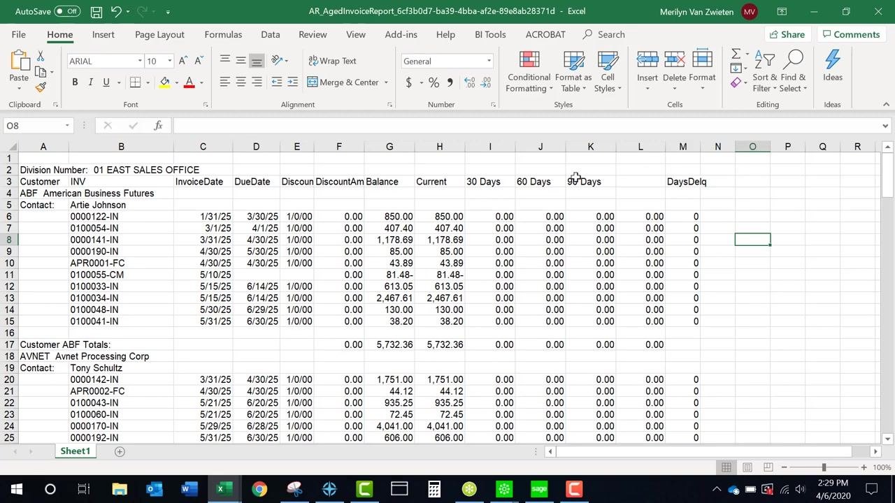 Final exported Accounts Receivable Aged Invoice Report in Excel with all columns and headers clearly visible