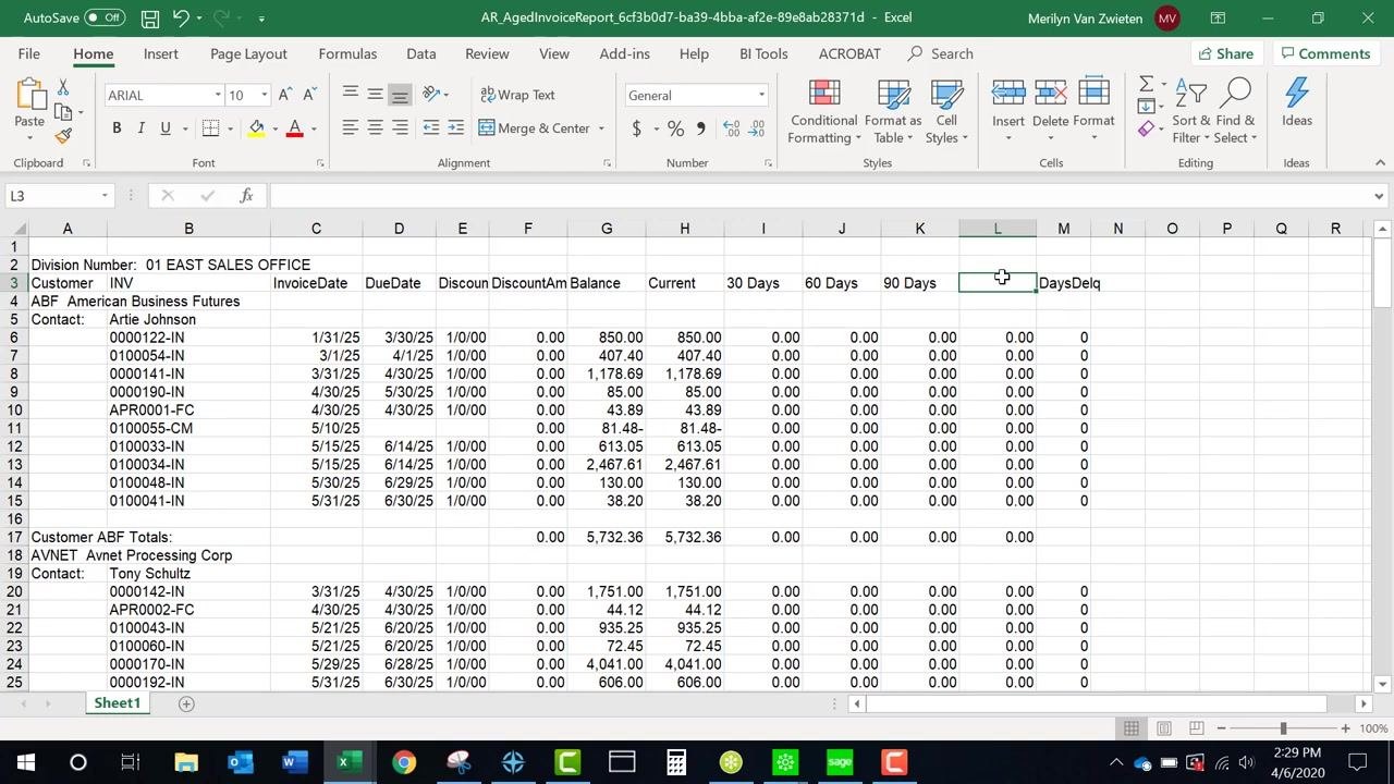 Excel spreadsheet showing the exported report with separated Customer and Invoice headers and clearly labeled data columns