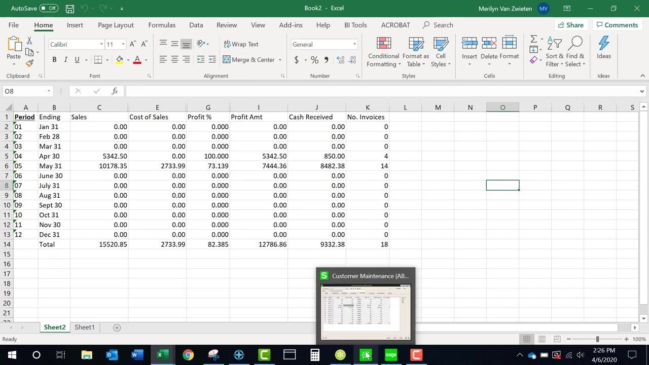Customer Maintenance Invoices tab with exported data visible in Excel