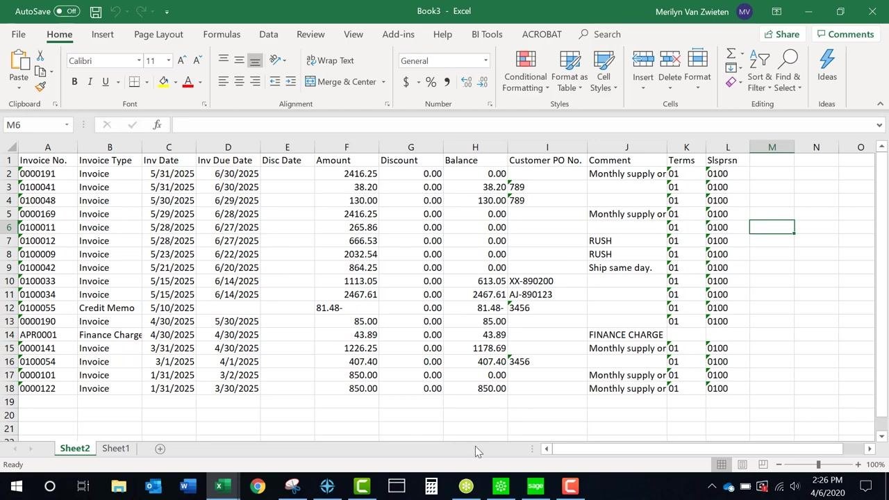 Excel worksheet showing exported sales order line items with columns for Item Code, Description, Ordered, Shipped, Back Ordered, Unit Price, Extension, and Comment