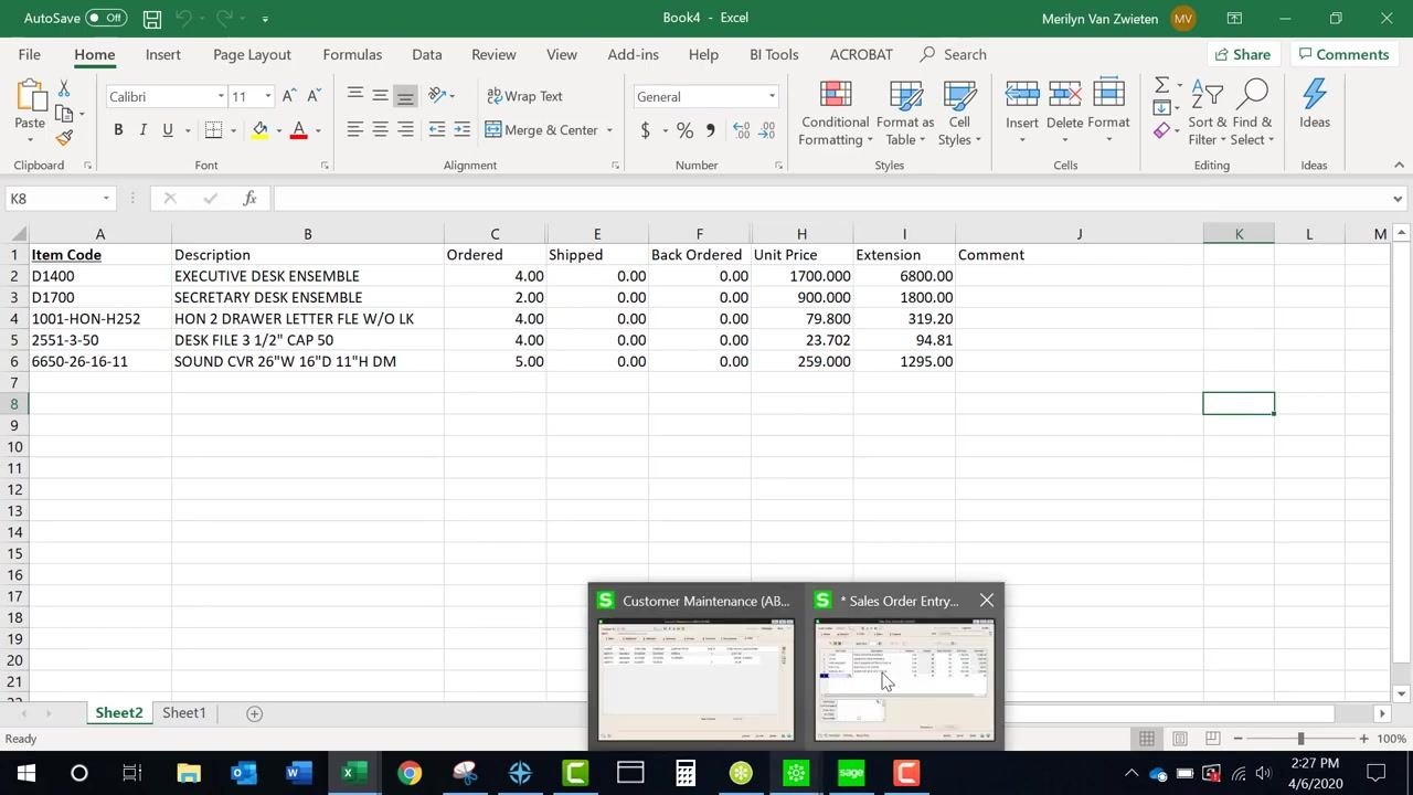 Sage 100 Business Insights Explorer displaying the customer data grid and sales history by period