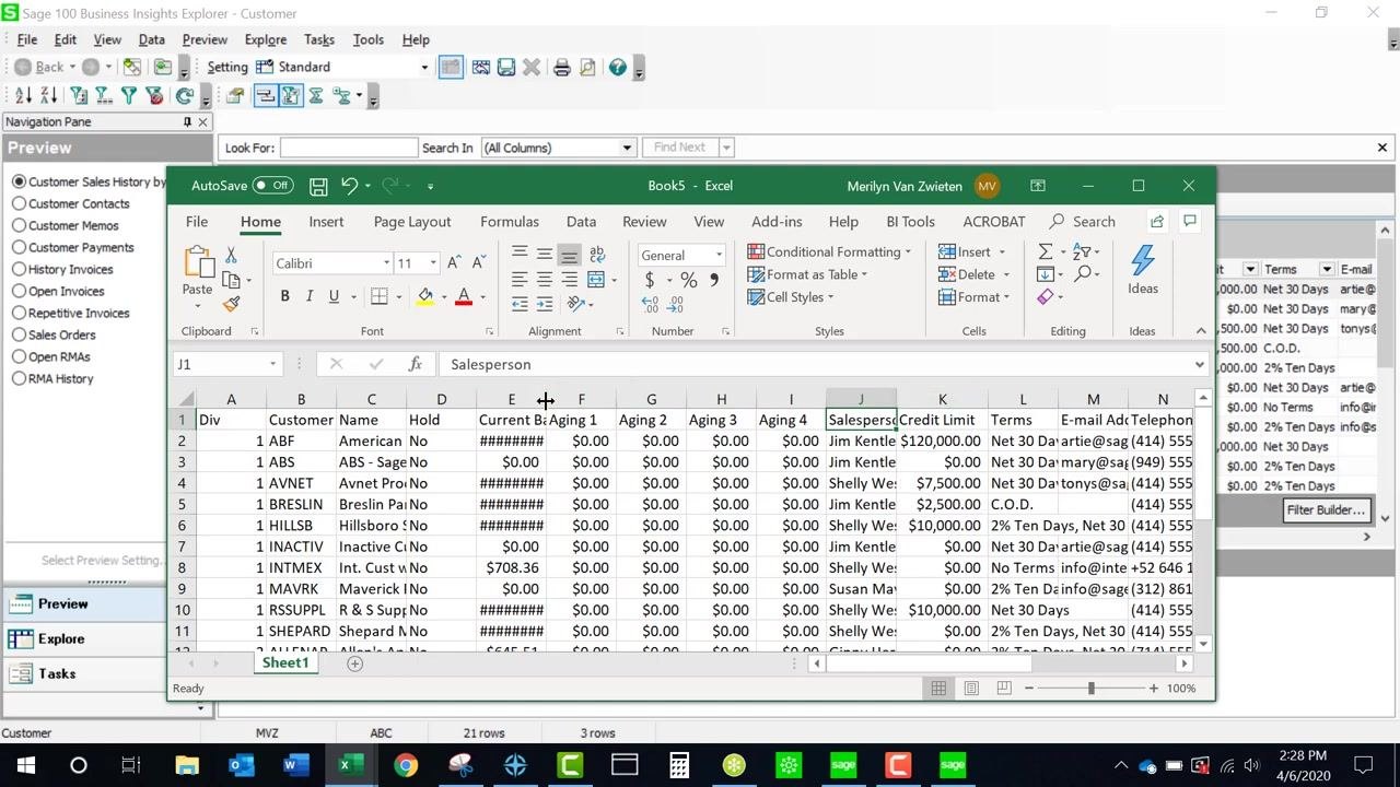 Sage 100 Business Insights Explorer with the File menu open, showing export options