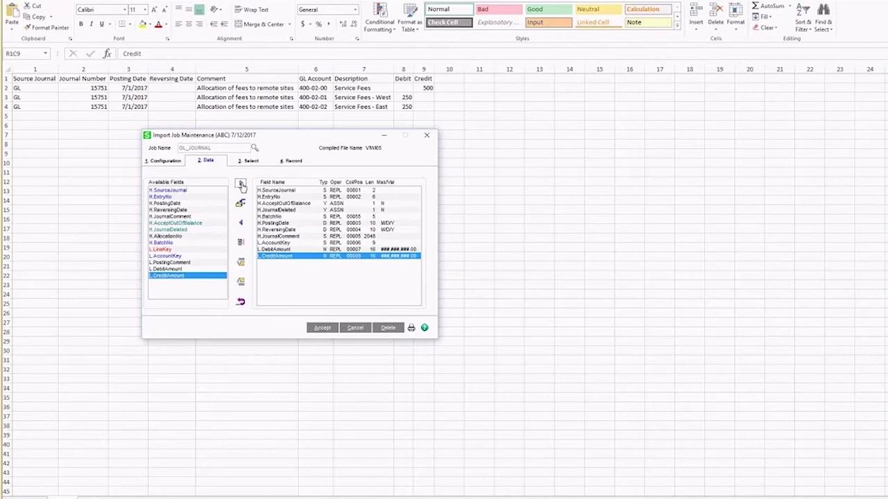 Import Job Maintenance window, Data tab, with DebitAmount and CreditAmount mapped to columns 8 and 9.