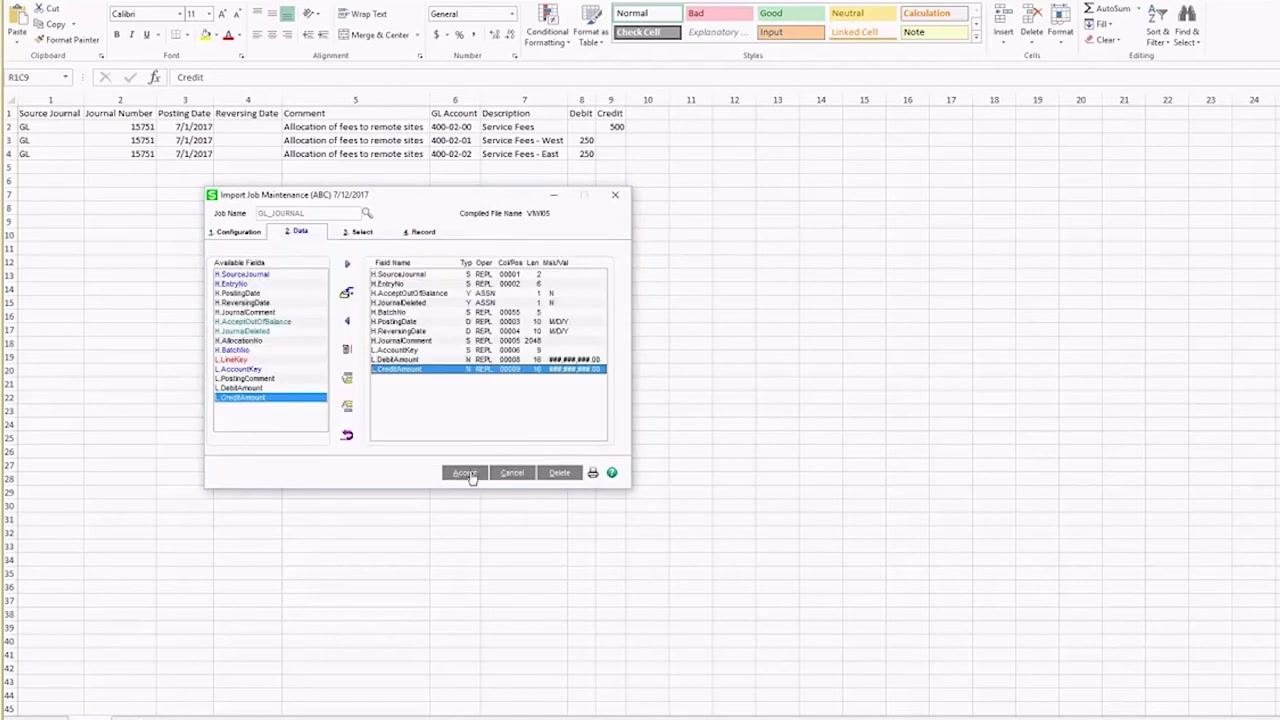 Import Job Maintenance window, Data tab, with the Accept button highlighted.