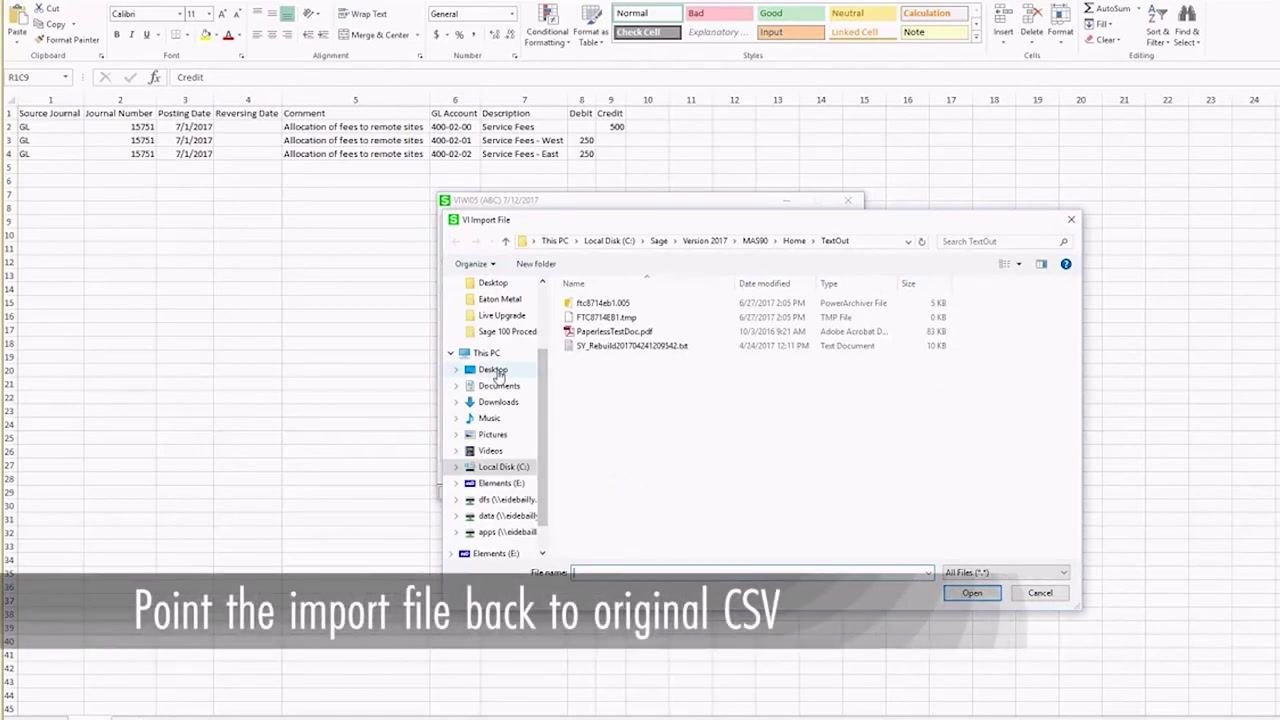 File browser dialog open for selecting the CSV import file. Overlay text reads "Point the import file back to original CSV."