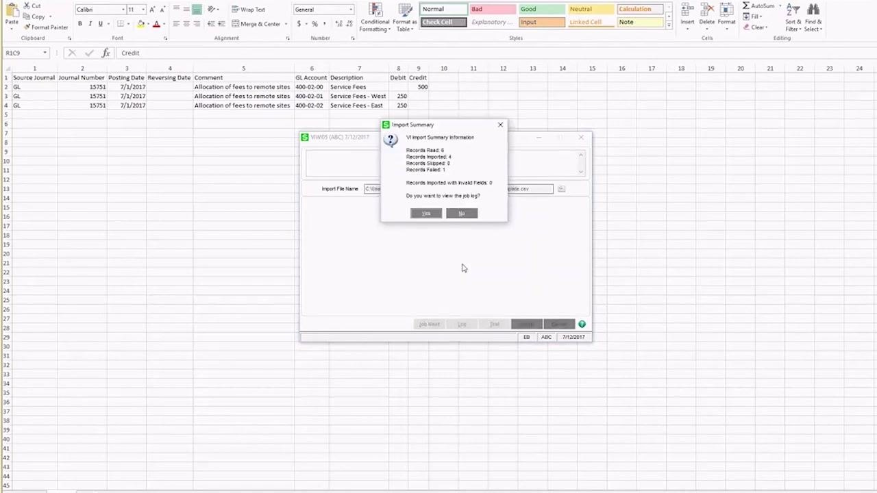 Import Summary dialog displayed over an Excel spreadsheet, showing records read, imported, skipped, and failed, with a prompt to view the job log. The CSV file used for import is visible in the background.