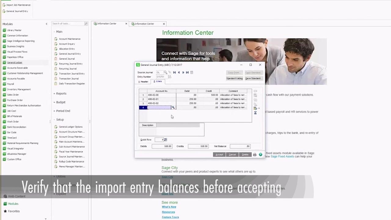 General Journal Entry window showing imported lines, account numbers, debit and credit values, and net balance. Overlay text reads "Verify that the import entry balances before accepting."