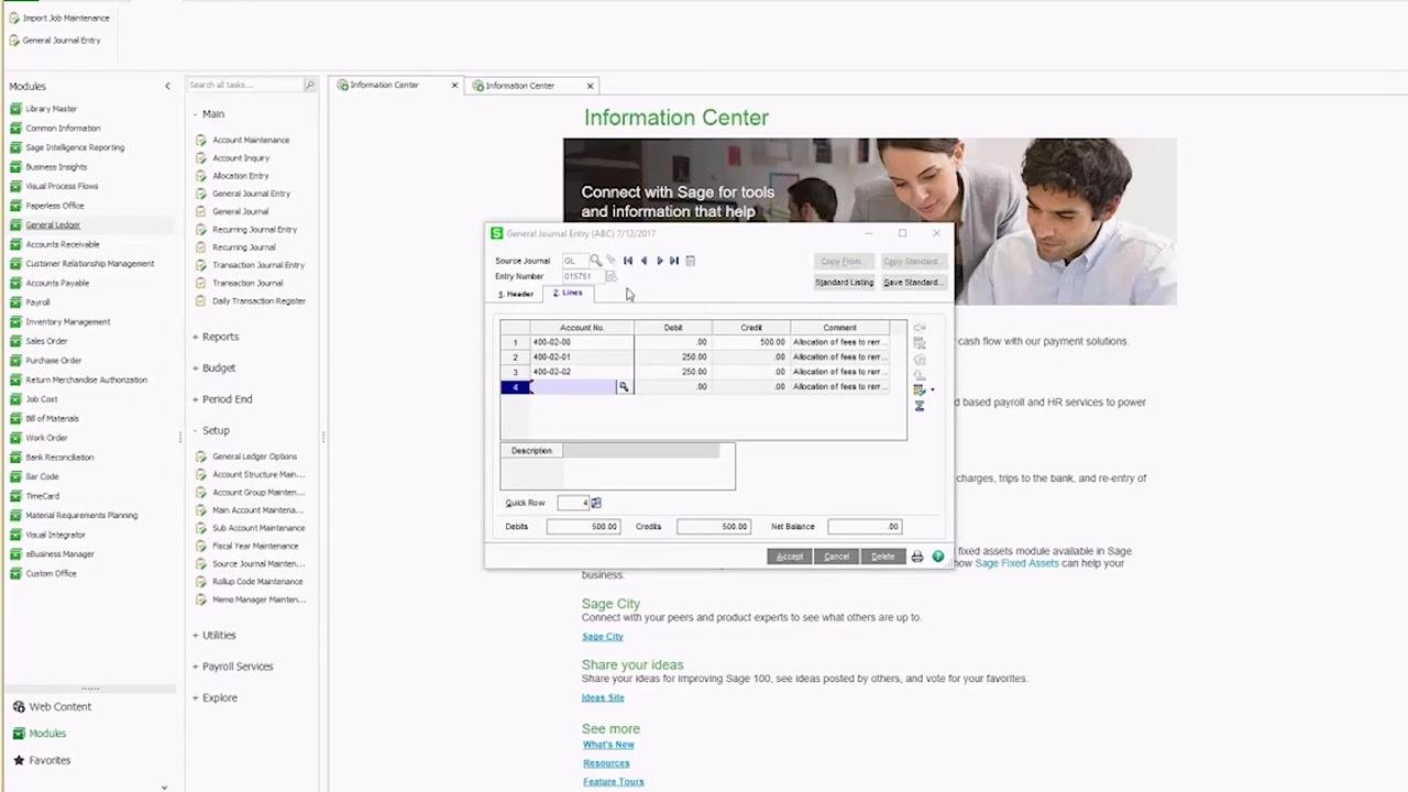 General Journal Entry window with editable fields for account numbers, debits, credits, and comments.