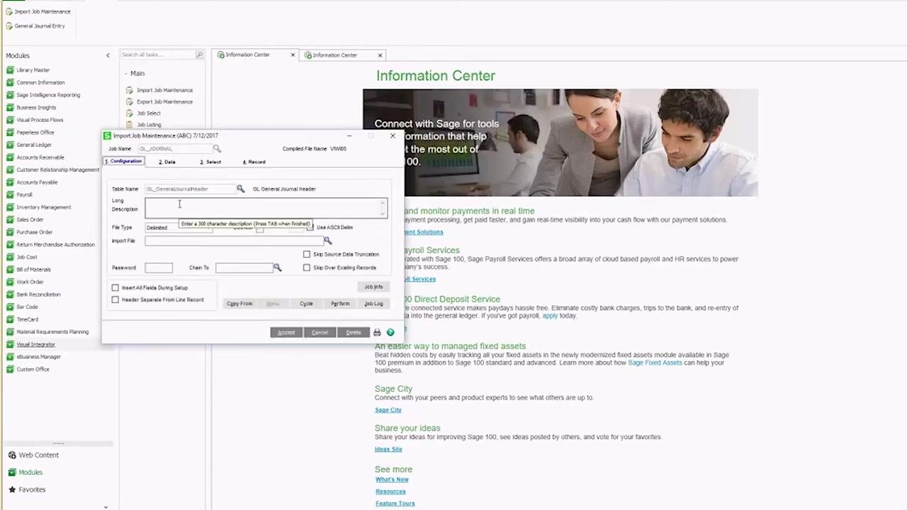 Sage 100 VI Import Job Selection dialog with the Job Name field filled in and the Table Name field ready for input.