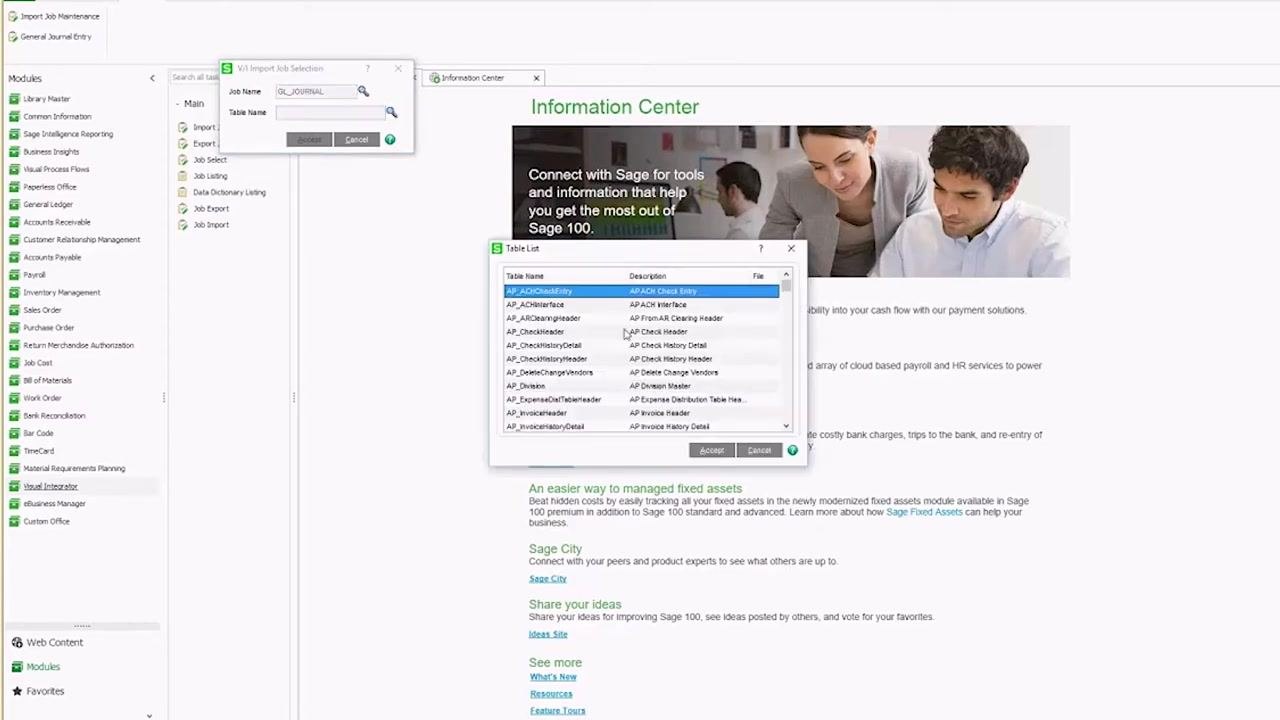 Sage 100 VI Import Job Selection dialog with the Table List open, showing available tables and their descriptions.