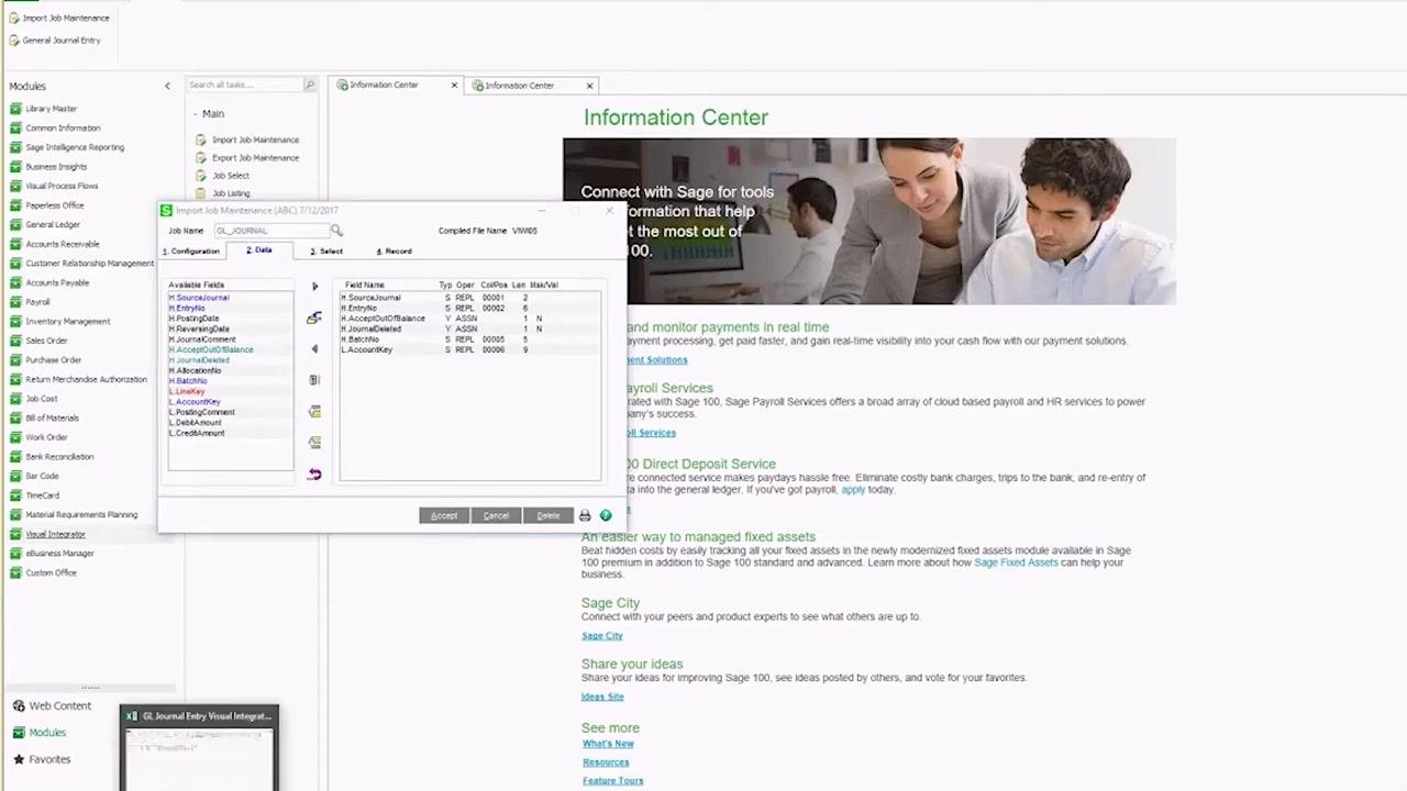 Import Job Maintenance window, Data tab, showing available fields and their mapped column positions, with the Excel file visible in the background for reference.