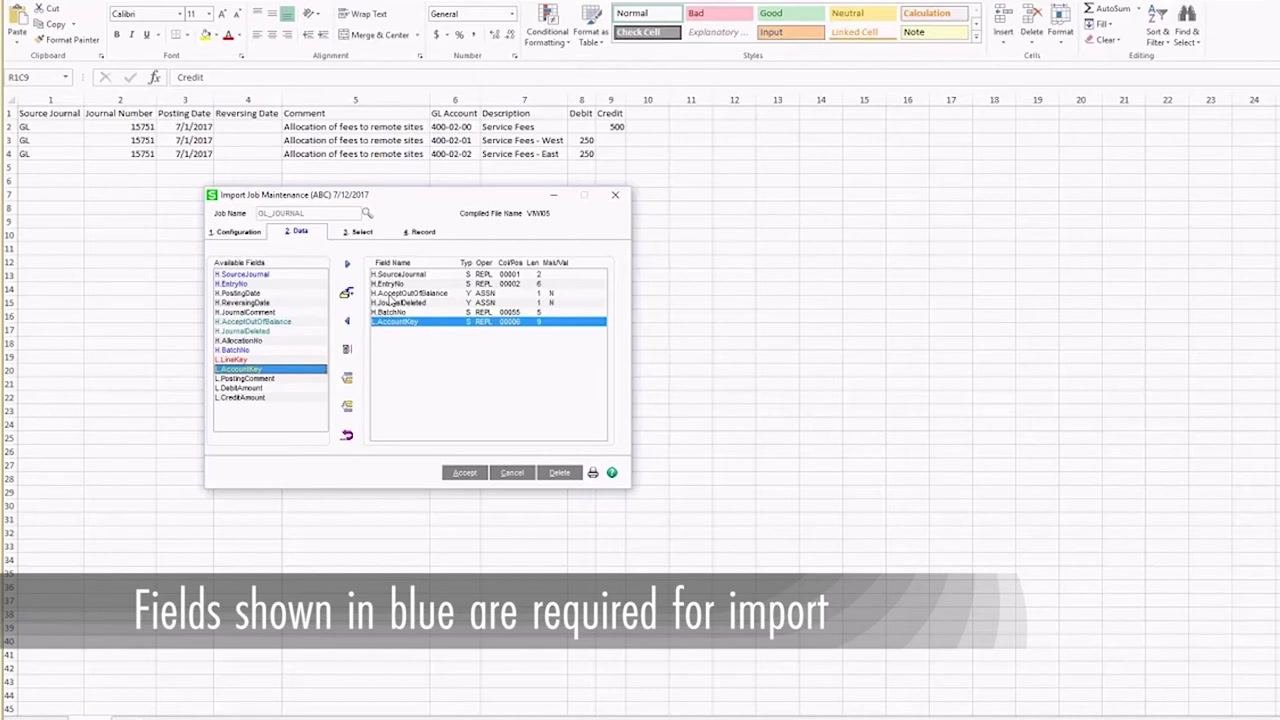 Import Job Maintenance window, Data tab, with required fields shown in blue and mapped in the grid. Overlay text reads "Fields shown in blue are required for import."