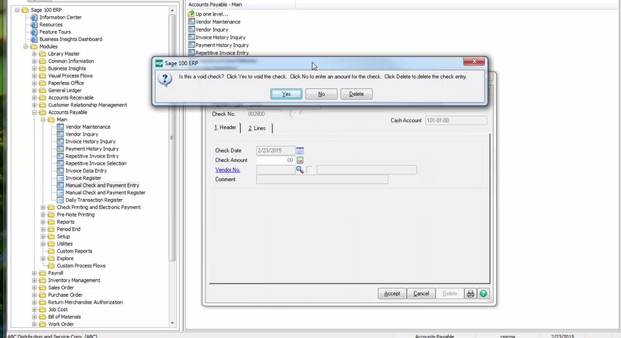 Sage 100 ERP prompt asking "Is this a void check?" with Yes, No, and Delete options, displayed over the Manual Check and Payment Entry window showing Check No. 002800, Check Amount .00, and other fields blank.