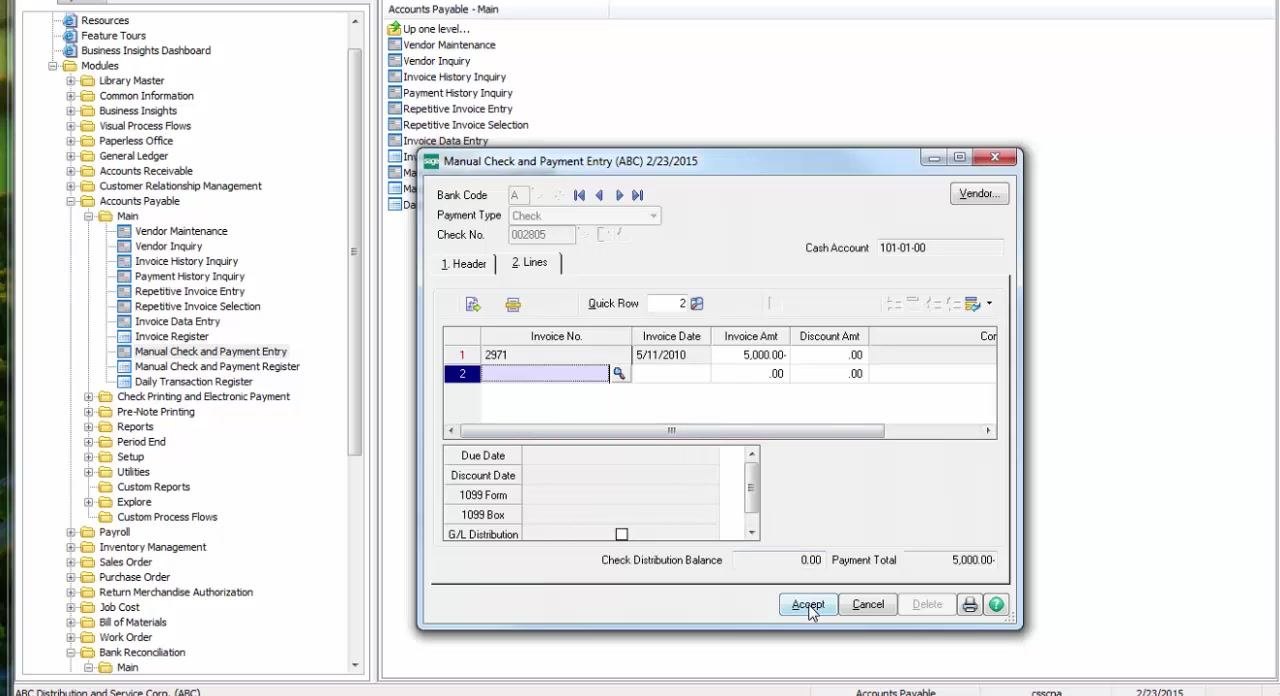 Manual Check and Payment Entry window with payment details shown and the Accept button highlighted.