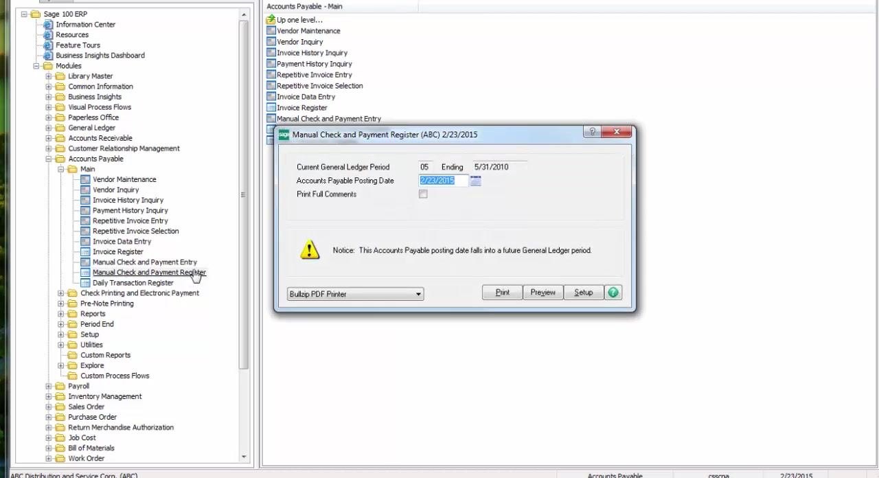 Manual Check and Payment Register dialog showing the General Ledger Period, Posting Date, a warning about a future period, and options to Print, Preview, or Setup.