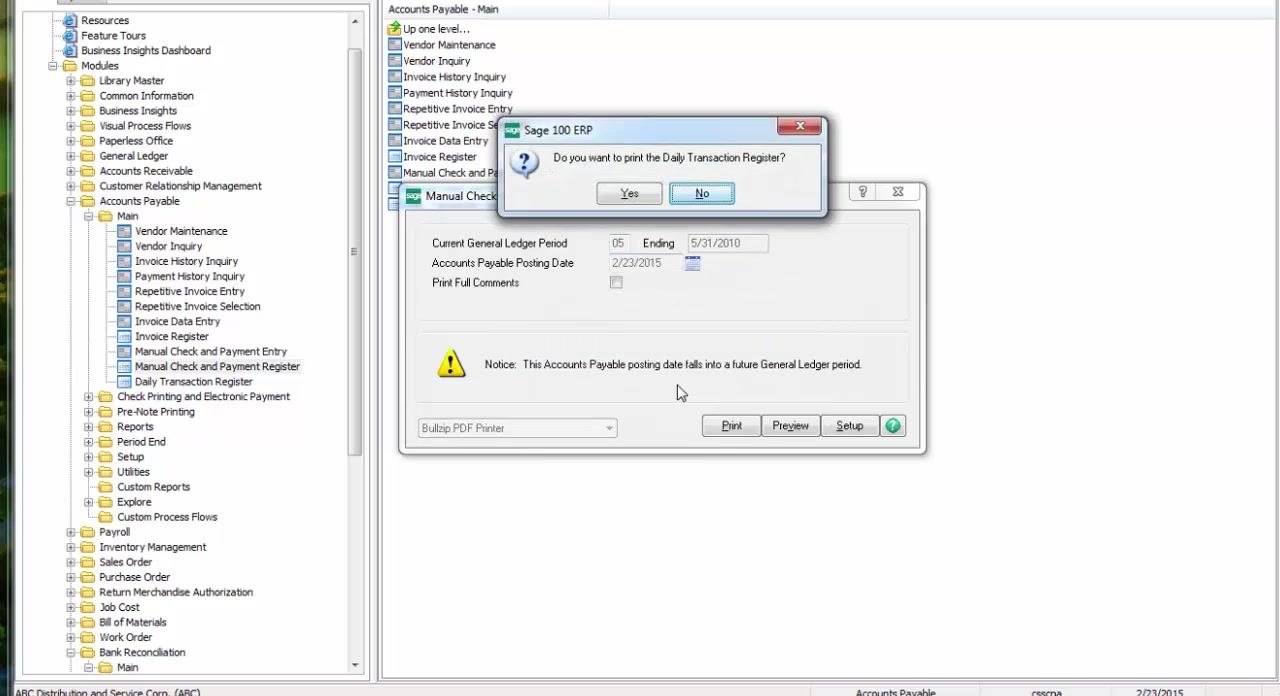 Sage 100 ERP prompt asking whether to print the Daily Transaction Register.