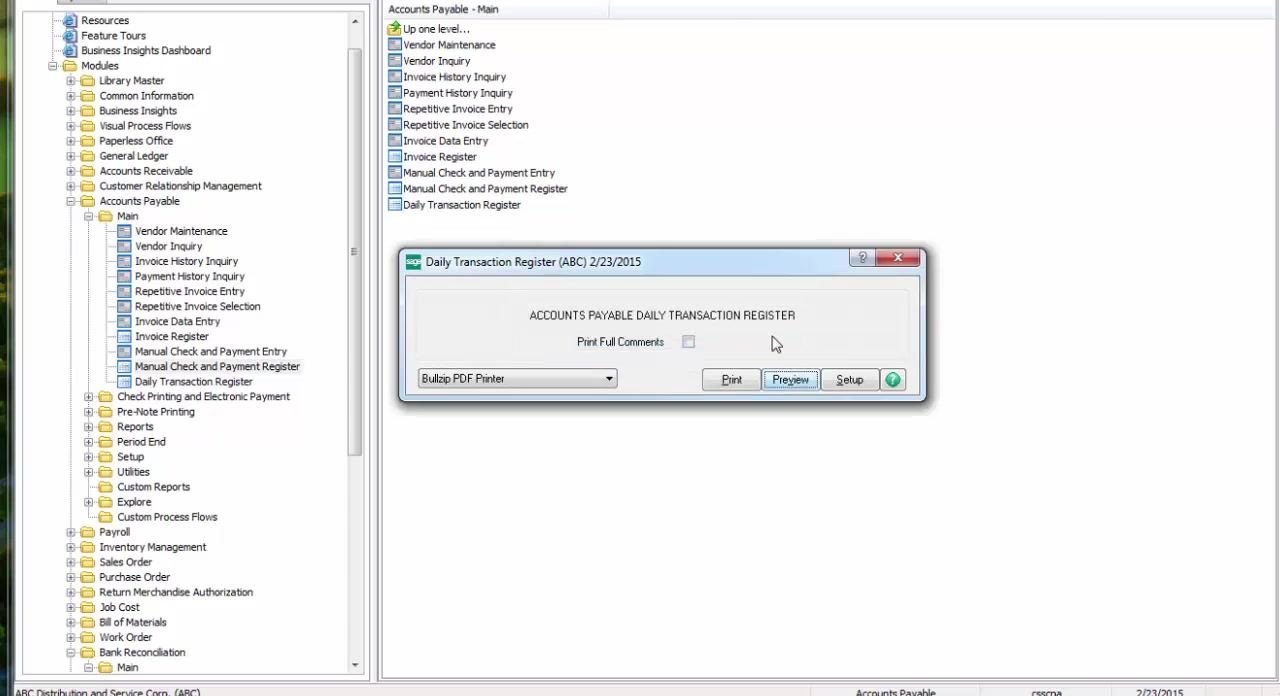Daily Transaction Register dialog with the Preview button selected.