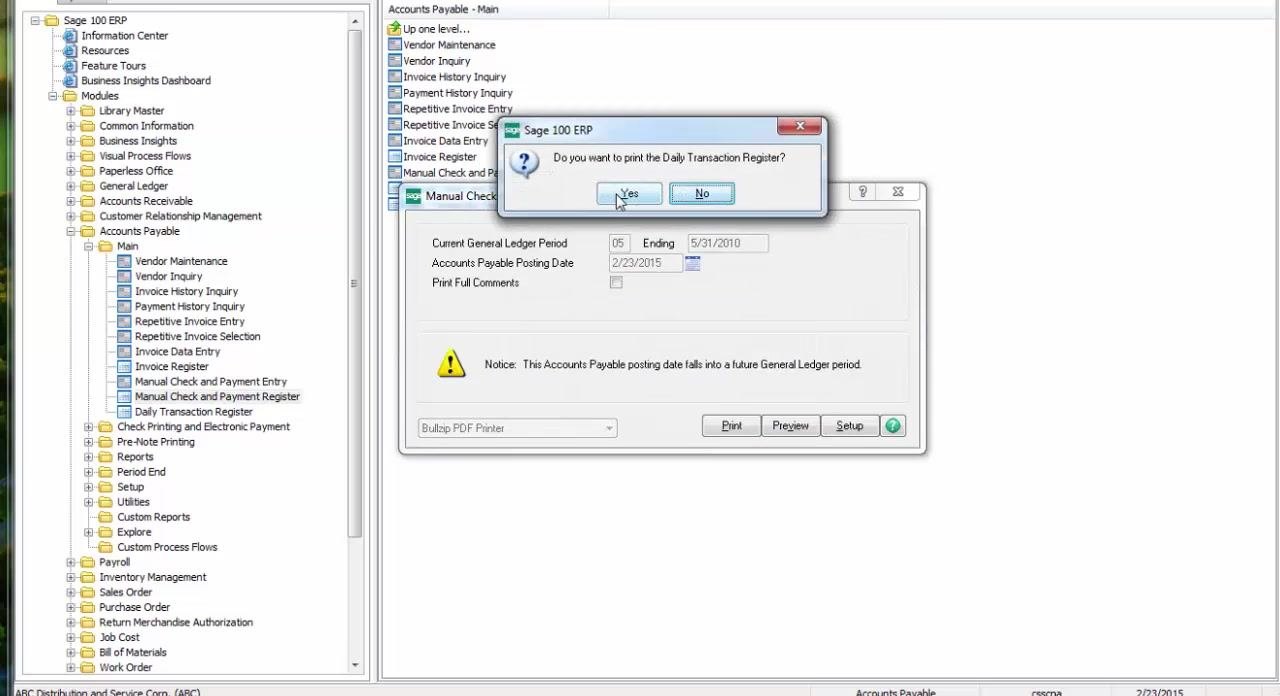 Sage 100 ERP prompt asking "Do you want to print the Daily Transaction Register?" with Yes and No options, displayed over the Manual Check and Payment Register window.