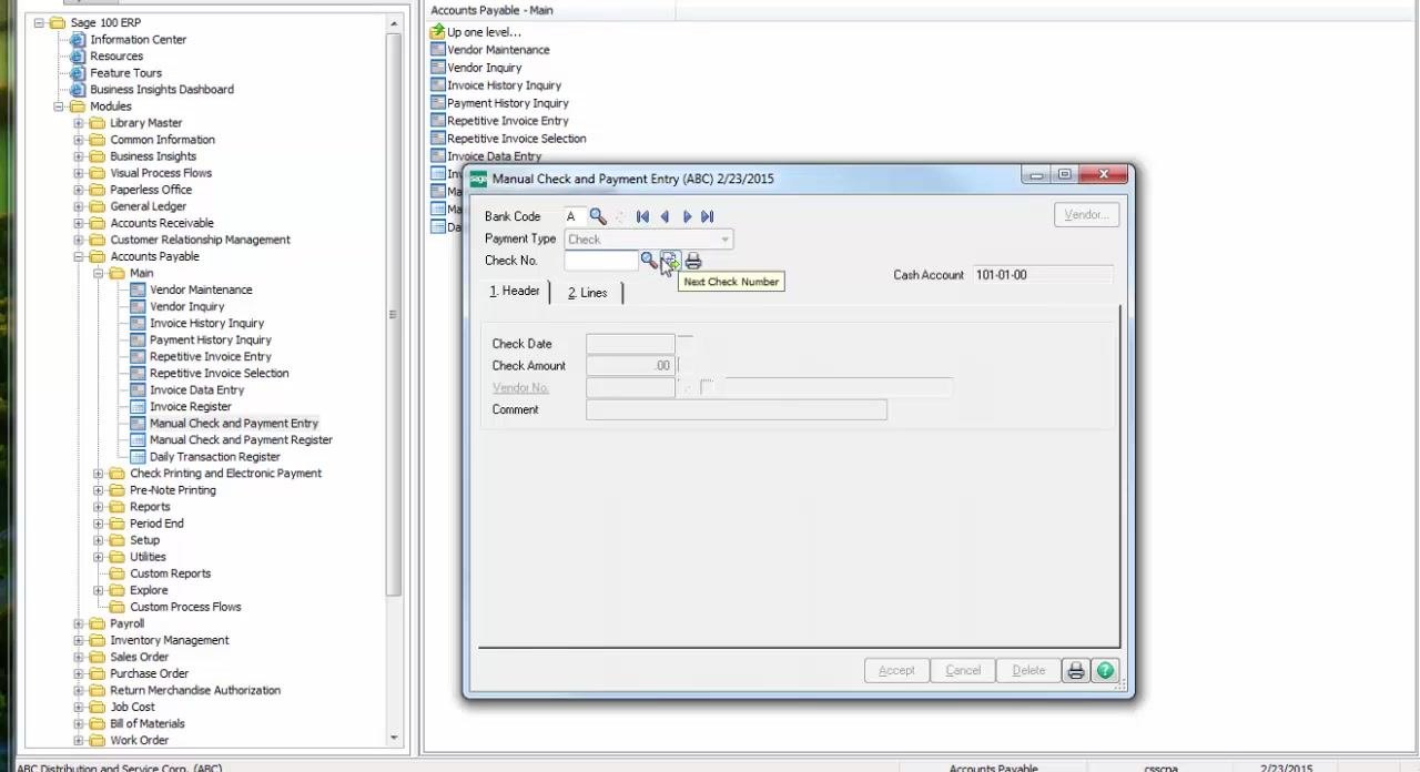 Manual Check and Payment Register preview showing Check No. 002800, Check Date 2/23/2015, marked as "Void Check," with all totals at 0.00.