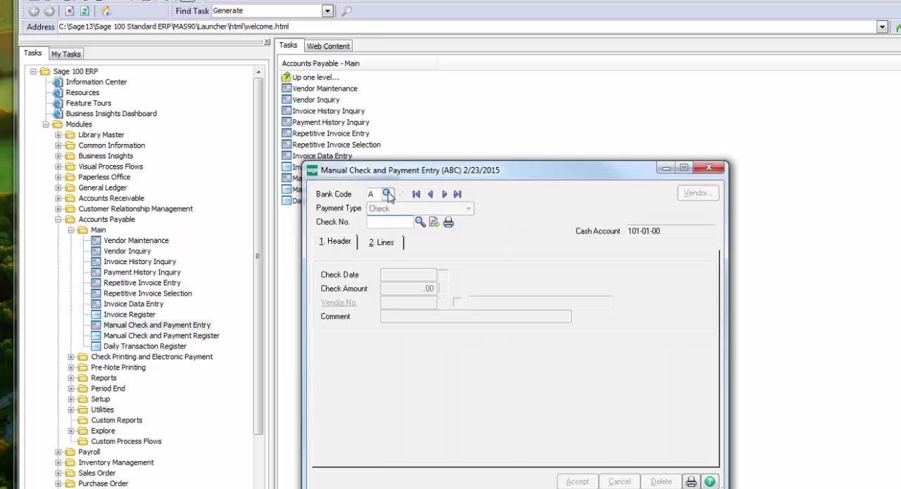 Sage 100 ERP main navigation screen with the Accounts Payable module expanded, showing options such as Vendor Maintenance, Invoice Register, and Manual Check and Payment Entry.