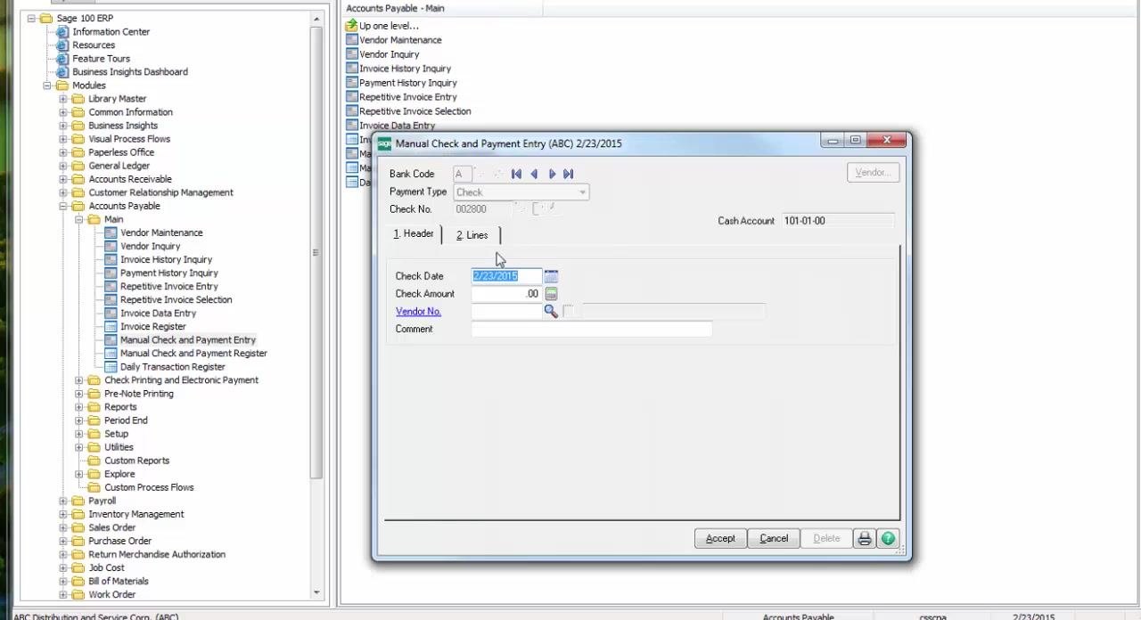 Manual Check and Payment Entry window with Bank Code "A", Check No. "002800", Check Date "2/23/2015", Check Amount ".00", and Vendor No. left blank.