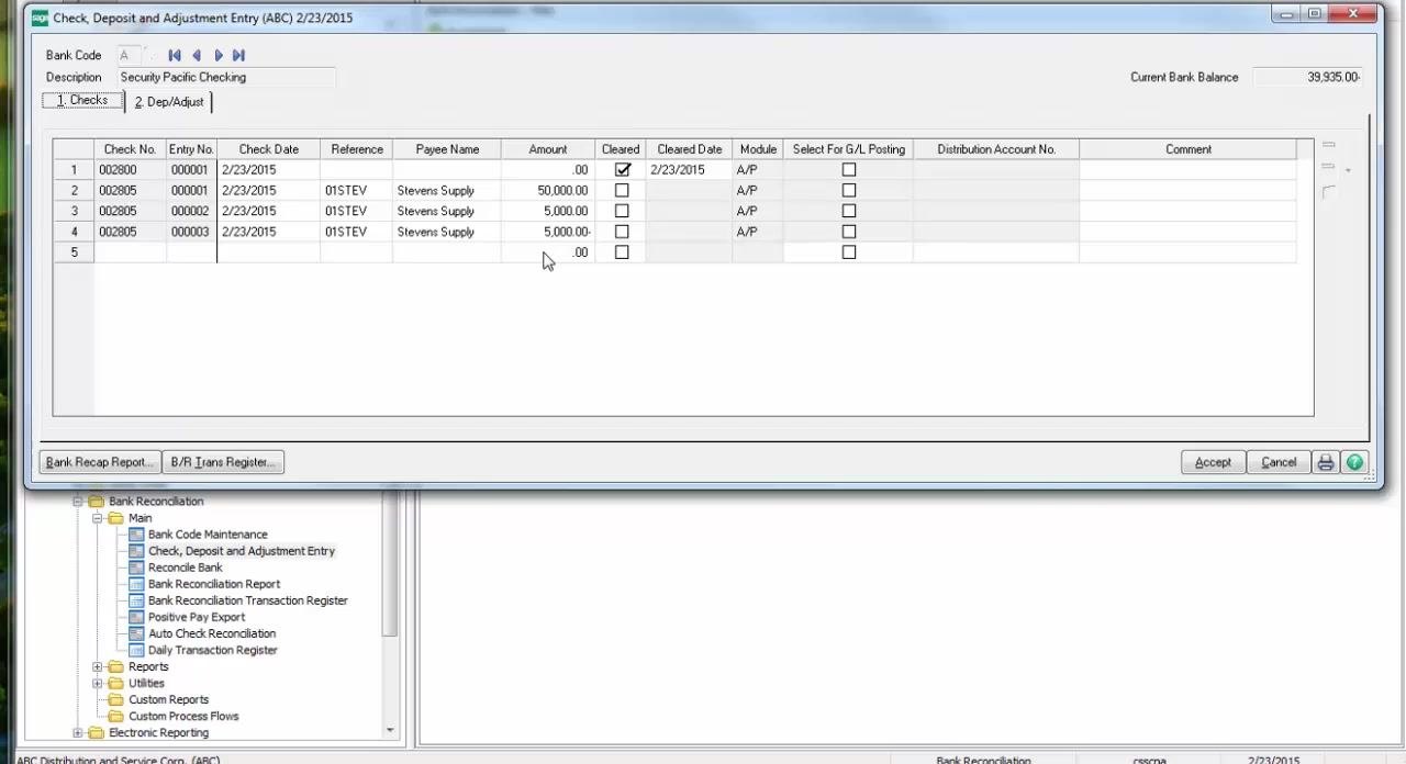 Check, Deposit and Adjustment Entry window showing duplicate $5,000.00 entries for check 002805, confirming the reversal and the net zero effect.