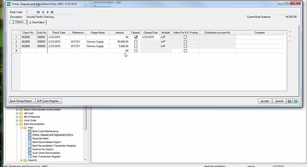 Manual Check and Payment Entry window with Bank Code A and Check No. 002805 being entered.