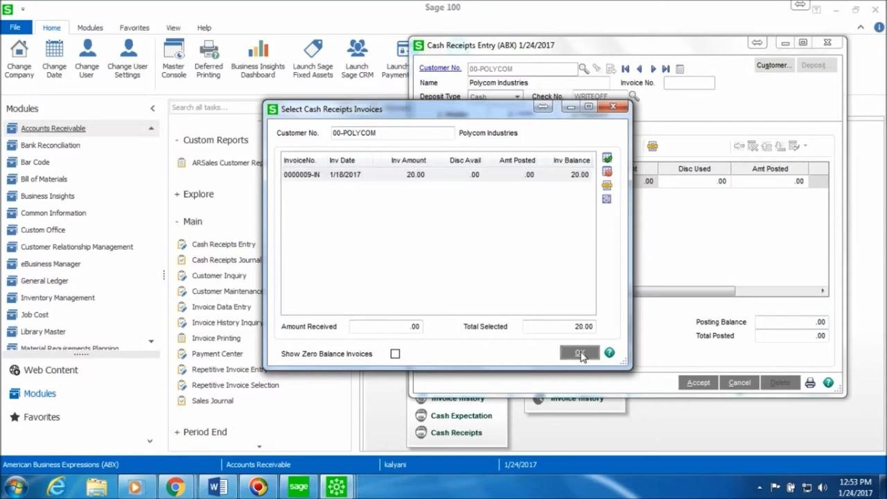 Select Cash Receipts Invoices window showing Polycom Industries, Invoice No 0000009-N, Inv Amount $20.00, with the OK button highlighted