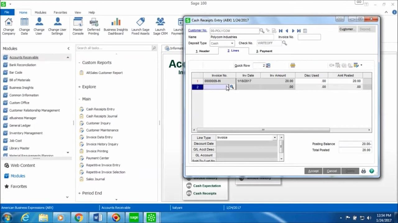 Cash Receipts Entry window showing the invoice line with Invoice No 0000009-N, Inv Amount $20.00, and Amt Posted $20.00