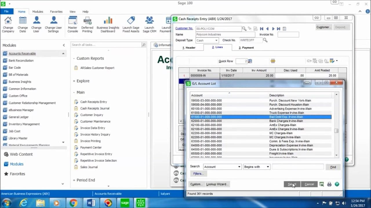 Cash Receipts Entry window with the G/L Account List open, Bad Debt Exp.: Irvine-Main account highlighted, and invoice write-off details visible