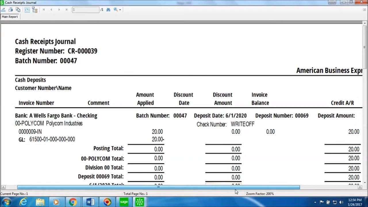 Cash Receipts Journal report showing Register Number CR-000039, Batch Number 00047, Polycom Industries, Invoice 0000009-IN, GL 61500-01-000-000-000, Check Number WRITE OFF, and the write-off amount