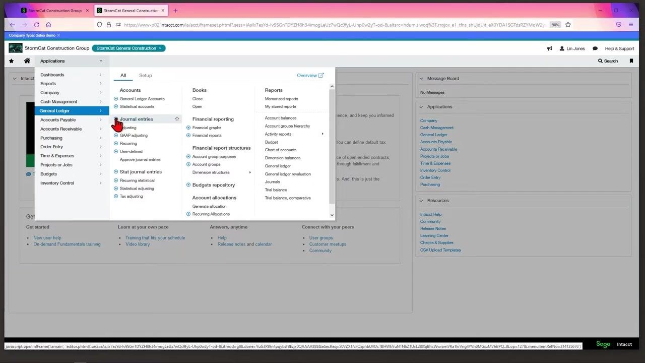 Applications menu open with General Ledger selected and the cursor hovering over Journal entries, showing the plus sign