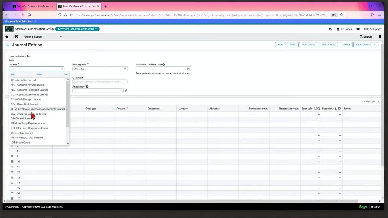 Journal Entries screen with the Description and Reference number fields completed