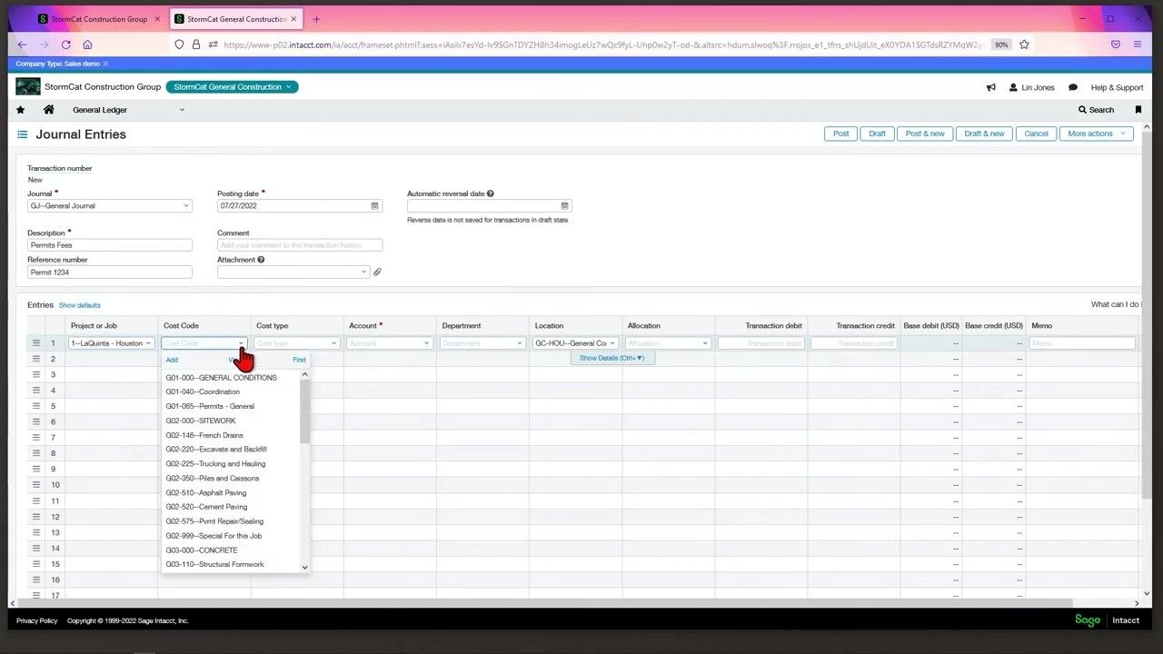 Journal Entries screen with Project, Cost Code, Cost Type, and Account fields being completed