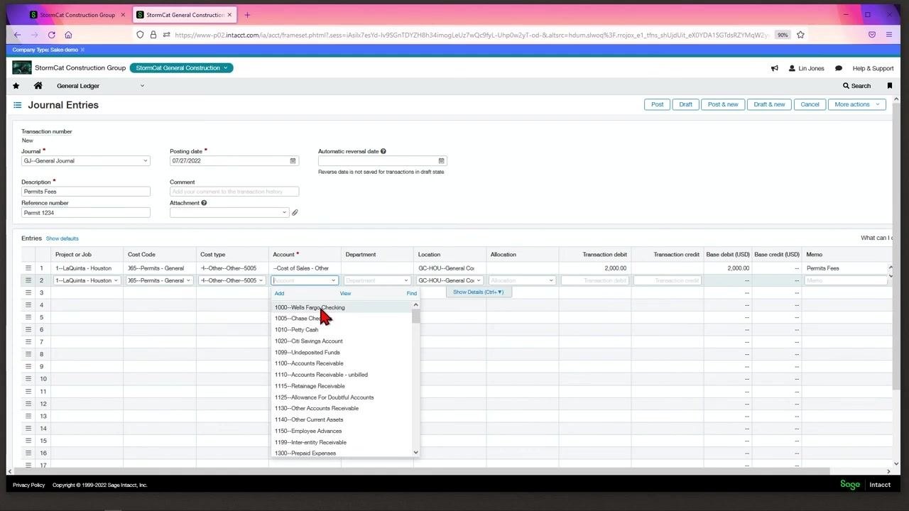 Journal Entries screen with the Account dropdown open and the cursor selecting "1000--Wells Fargo Checking" for the credit line
