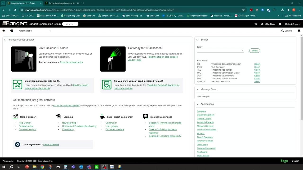 Sage Intacct top-level dashboard with product updates, entities, and application links visible