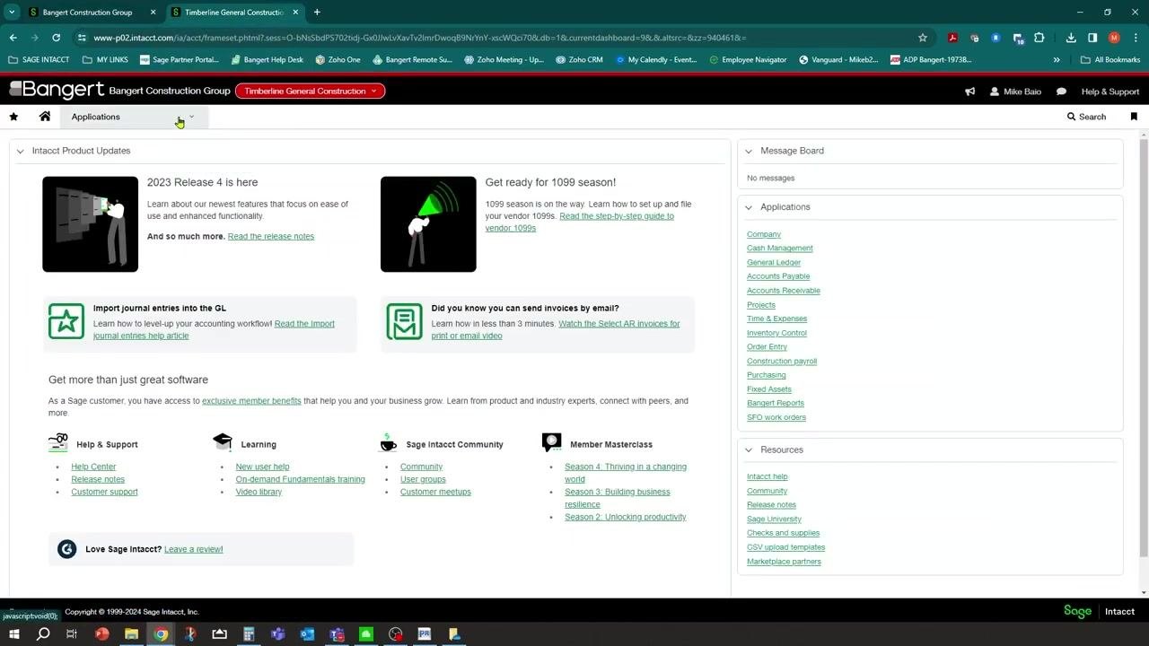 Sage Intacct dashboard with Applications menu on the right, including Accounts Payable, and product updates in the center