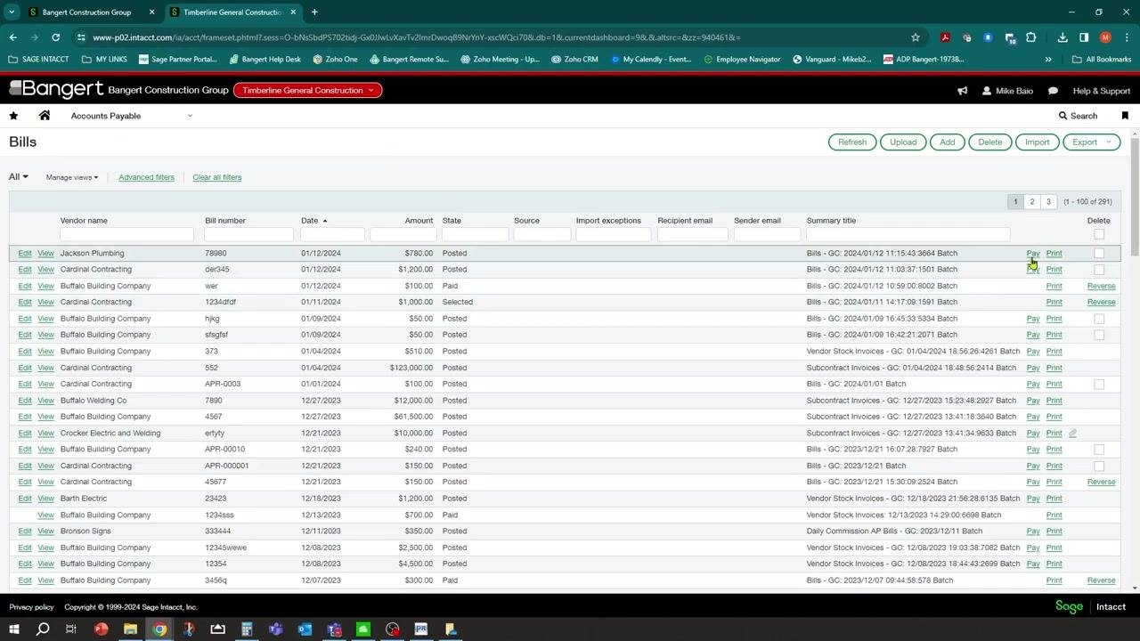 Bill entry screen with fields for date, vendor, pay to, bill number, term, due date, account, amount, and location filled for Jackson Plumbing
