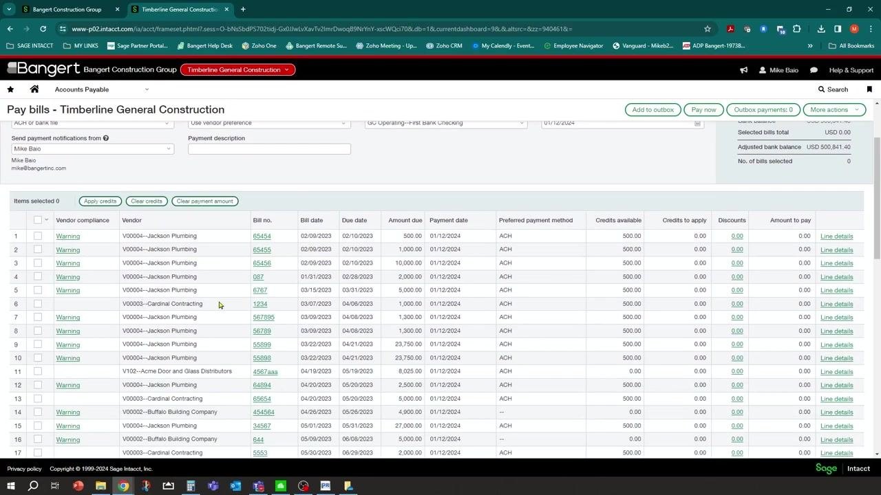 Bills list in Sage Intacct showing all vendor bills, including Jackson Plumbing with bill number 78980 and amount $780.00
