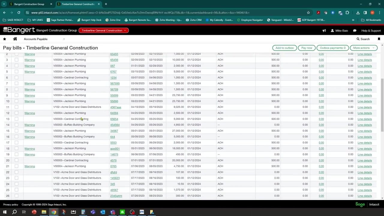 Pay bills screen with bank account dropdown and payment date field visible above the bill list
