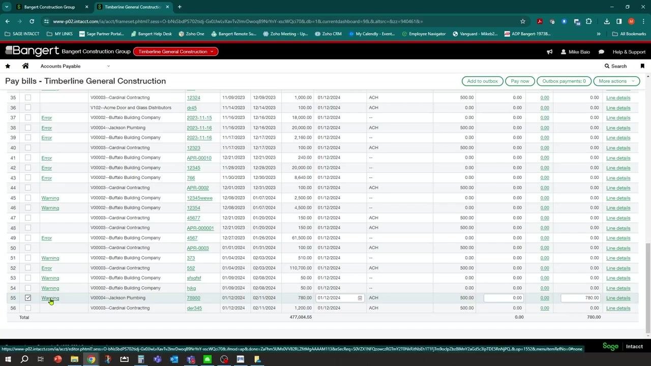 Pay bills screen with checkboxes selected for Jackson Plumbing and other vendors, showing total selected amount at the bottom