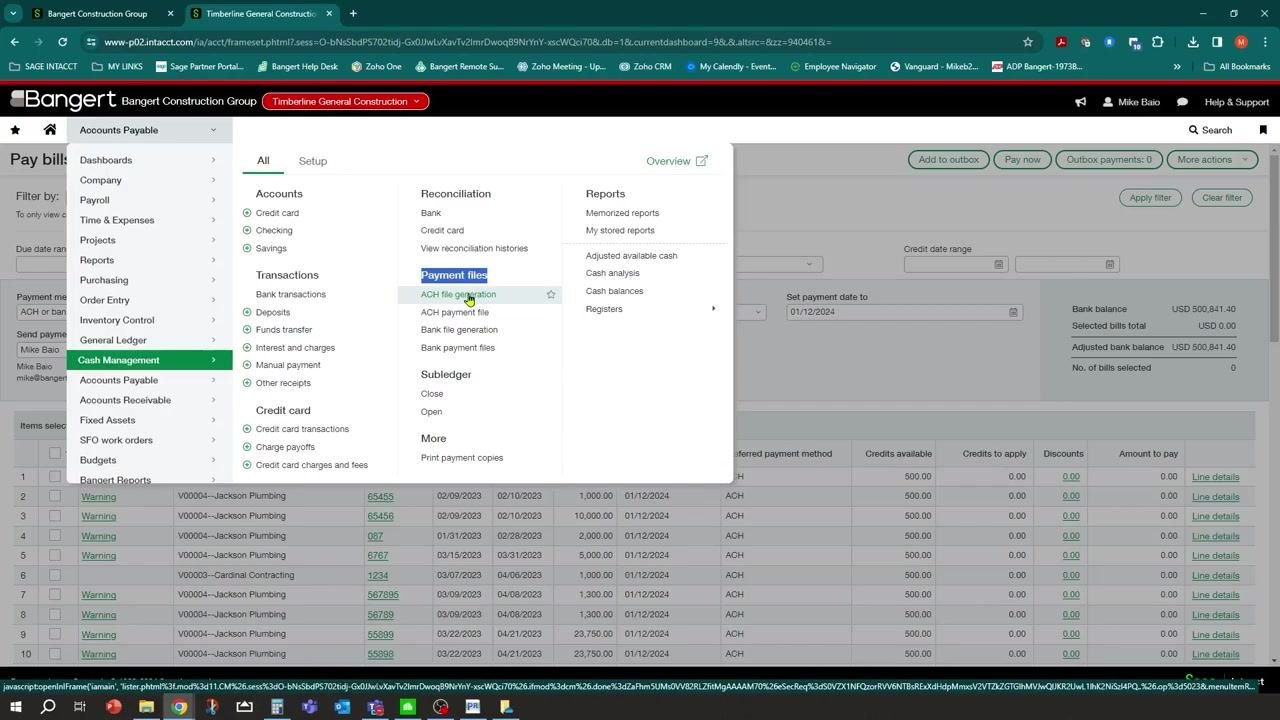 Cash Management menu with ACH file generation highlighted under Payment files