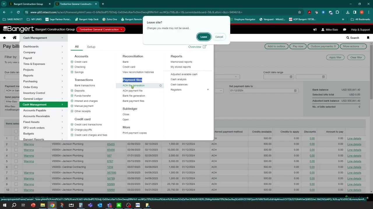 Leave site confirmation dialog over Cash Management menu and ACH file generation option