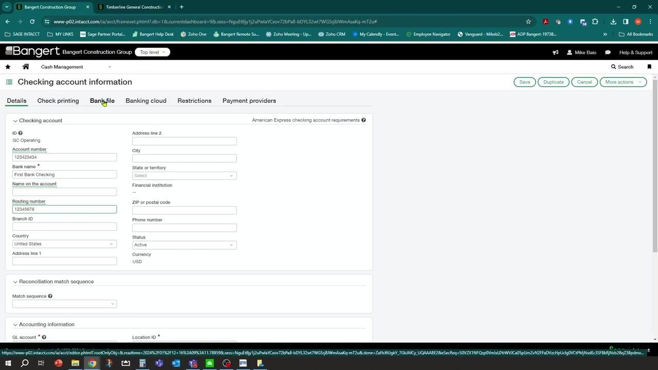 Checking account information screen with fields for account number, bank name, routing number, and other details