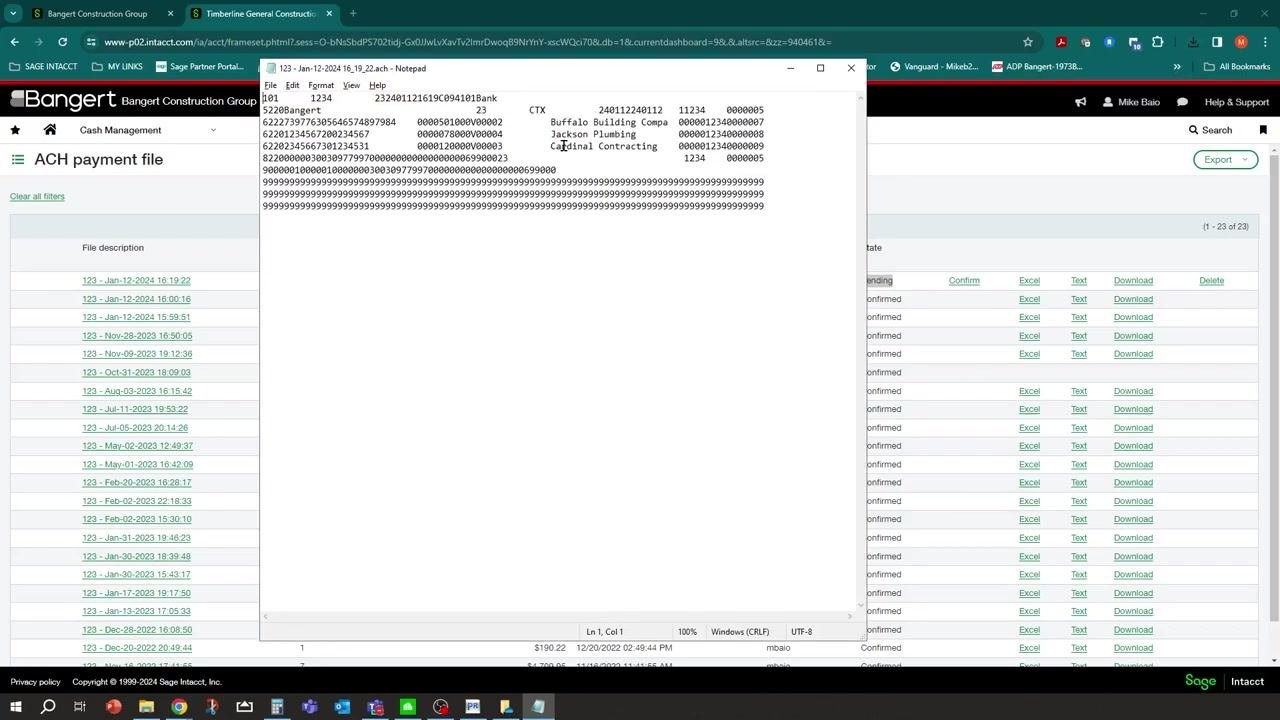 ACH payment file list with Delete option highlighted for a pending file